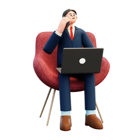 Businessman using laptop while talking on smartphone  3D Illustration
