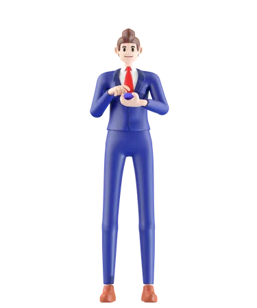 Businessman Standing And Using Phone 3 D Illustration Of Cute Cartoon Smiling Isolated On White Background 3D Illustration