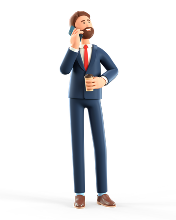 Businessman using smartphone and holding coffee cup  3D Illustration