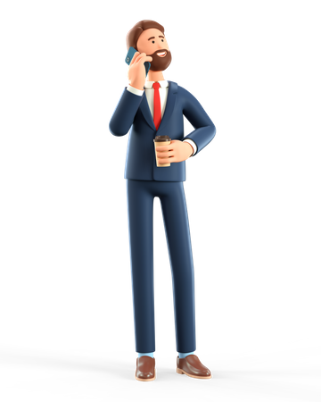 Businessman using smartphone and holding coffee cup 3D Illustration
