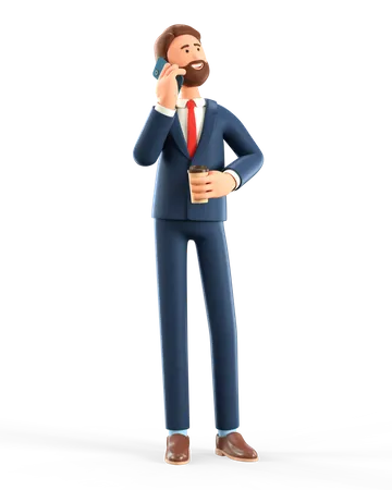 3 D Illustration Of Standing Happy Man Talking On The Phone Cute Cartoon Smiling Bearded Businessman Using Smartphone And Holding Coffee Cup 3D Illustration
