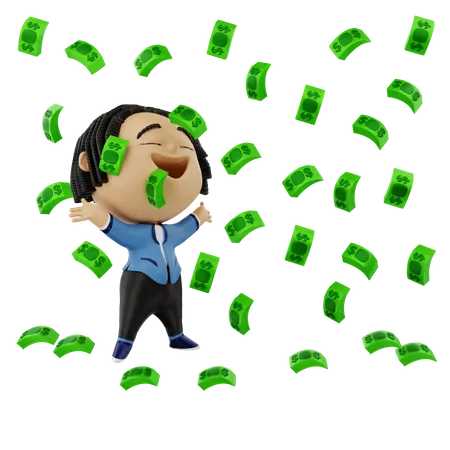 Businessman very happy with money rain  3D Illustration