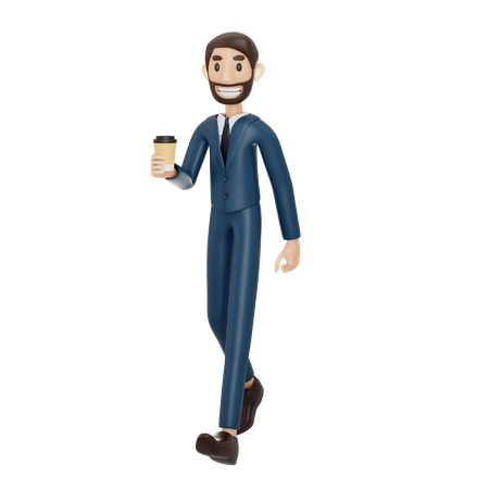 Businessman Walking And Holding Coffee Cup  3D Illustration