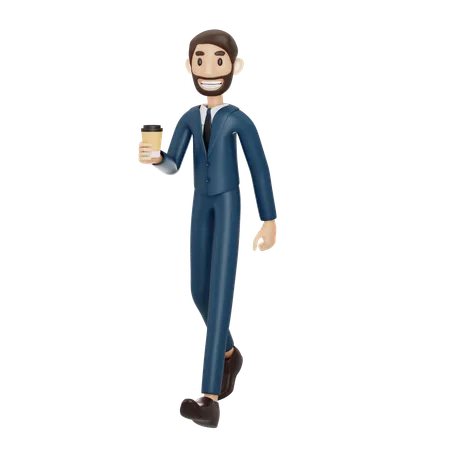 Businessman Walking And Holding Coffee Cup  3D Illustration