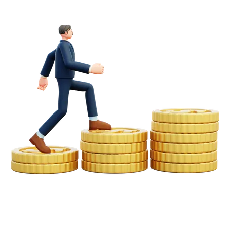 Businessman Character 3 D Stand On Coin Stack Growing Up 3D Illustration