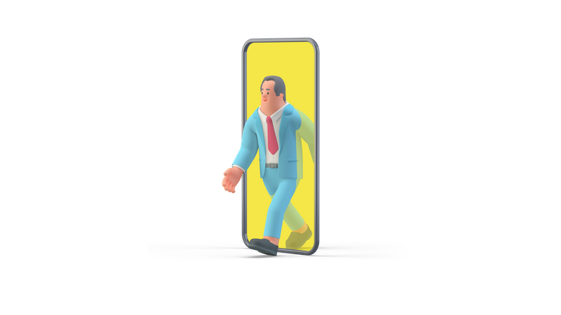 Businessman walking out of smartphone 3D Illustration