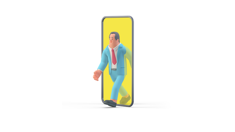 Businessman walking out of smartphone  3D Icon