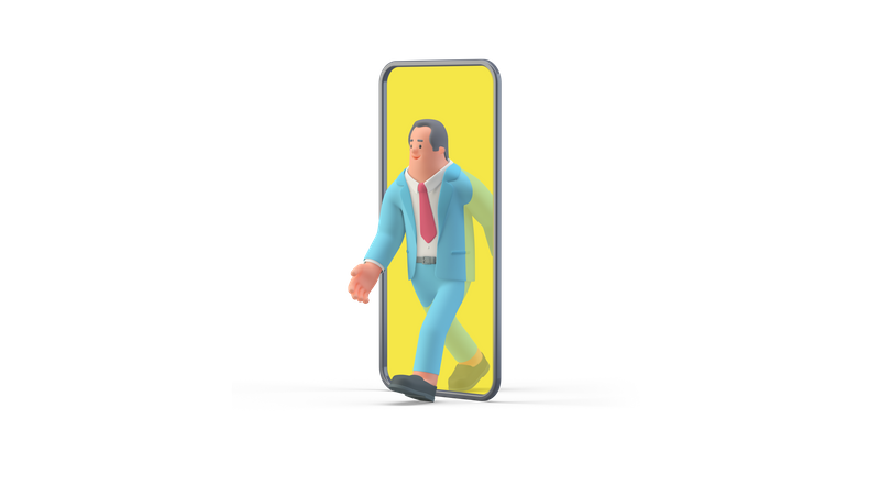 Businessman walking out of smartphone  3D Illustration