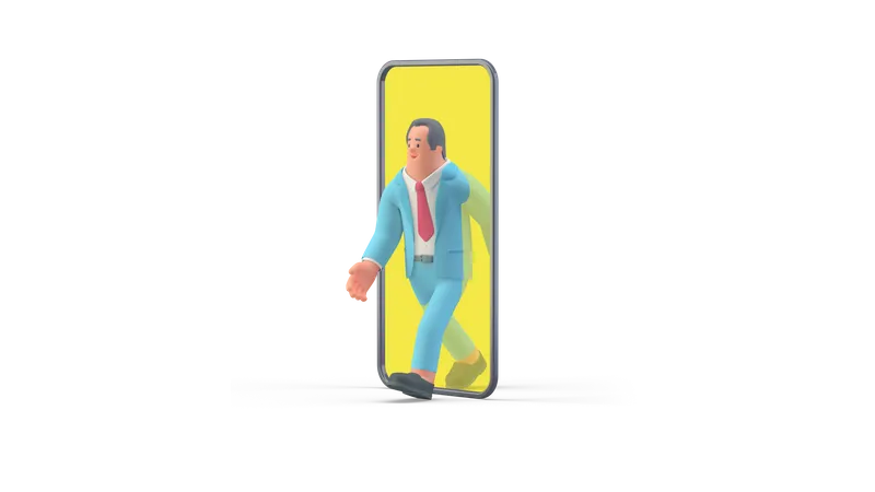 Businessman walking out of smartphone  3D Illustration