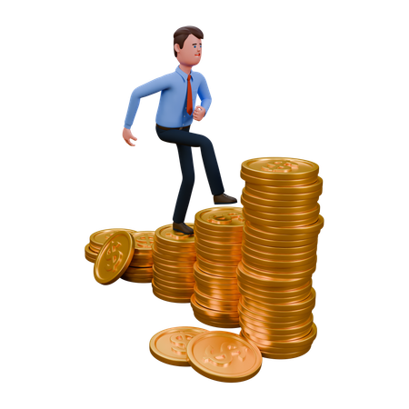 Businessman Walking Up Stacks Of Golden Coins  3D Icon