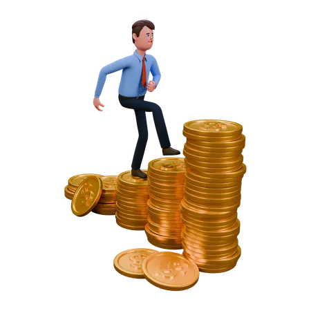 Businessman Walking Up Stacks Of Golden Coins  3D Icon