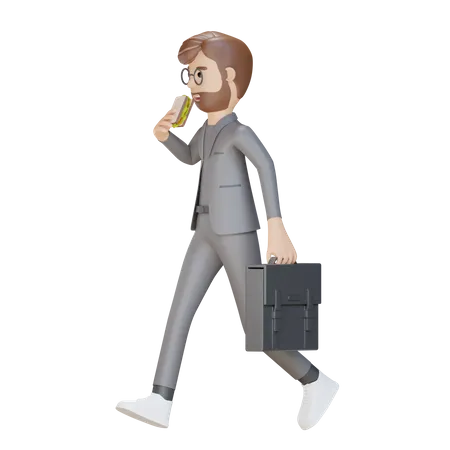 3 D Businessman Character Walking While Eating 3D Illustration
