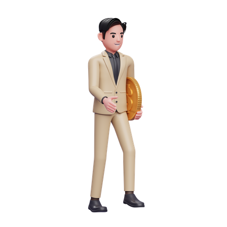 Businessman walking with coin in hand 3D Illustration