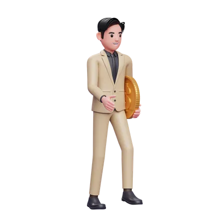 Businessman walking with coin in hand  3D Illustration