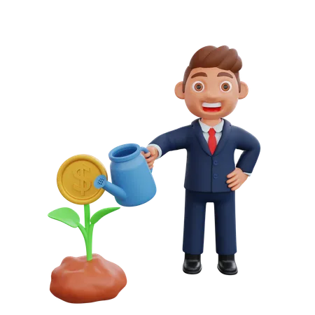 Businessman watering dollar plant  3D Illustration
