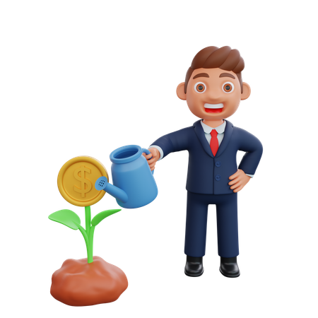 Businessman watering dollar plant  3D Icon