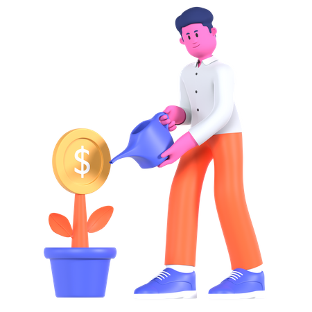 Businessman Watering Dollar Plant  3D Illustration