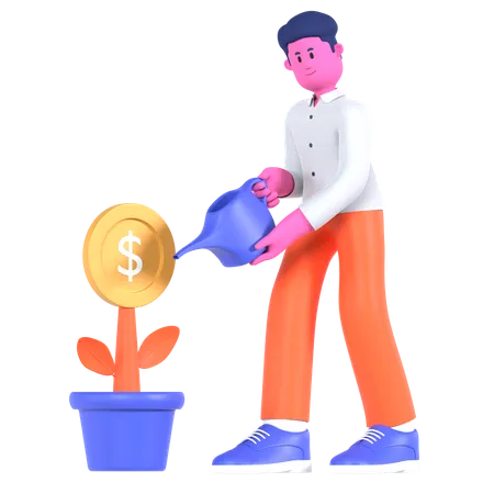 Businessman Watering Dollar Plant  3D Illustration