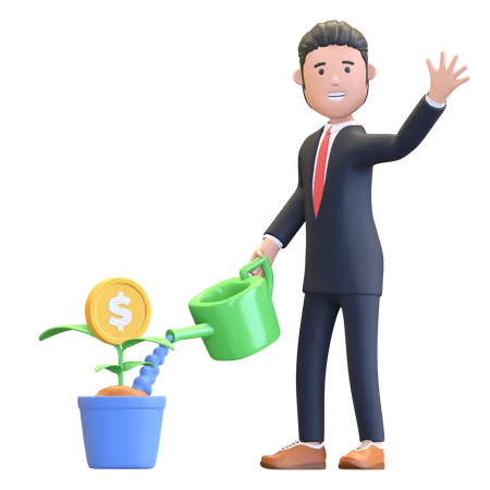 Businessman watering money plan  3D Illustration