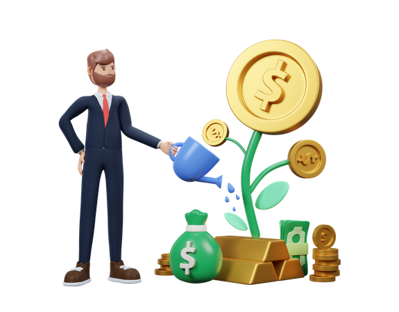 Businessman Watering Money Plant  3D Illustration