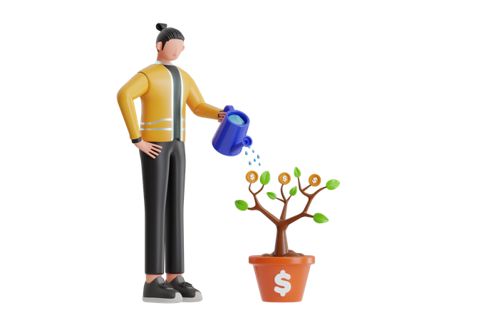 Businessman Watering Money Plant For Growing Money  3D Illustration