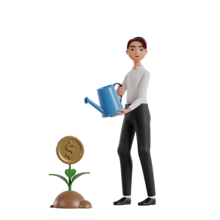 Businessman Watering Money Plant For Investment  3D Illustration