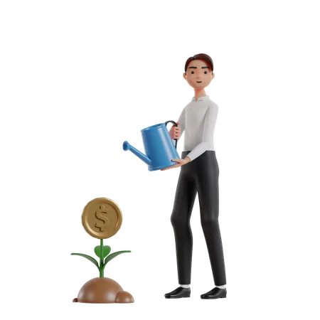 A Businessman Watering A Money Plant Taking Care Of Growing Business Investment 3D Illustration