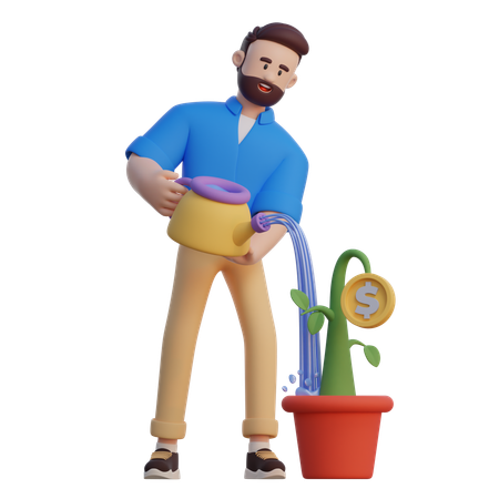 Businessman Watering Pot Of Money  3D Illustration