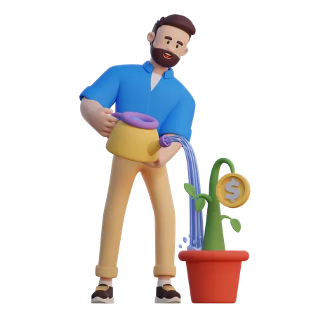 Businessman Watering Pot Of Money  3D Illustration