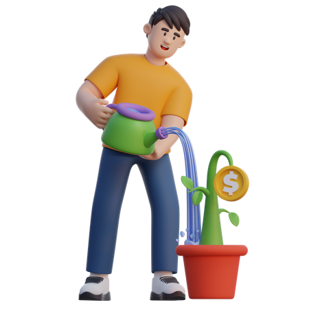 Businessman Watering Pot Of Money  3D Illustration