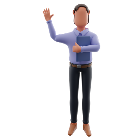 Businessman Waving Hand While Holding Report  3D Illustration