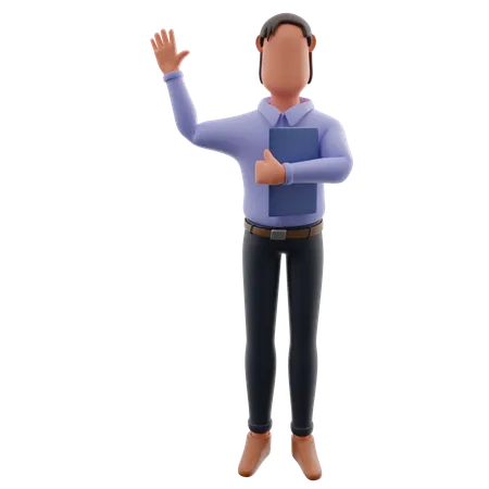 Businessman Waving Hand While Holding Report  3D Illustration
