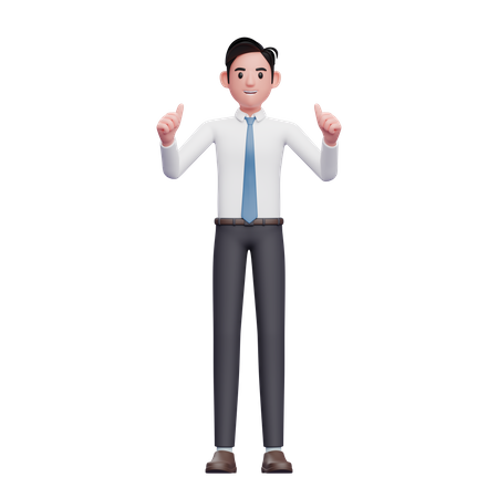 Businessman wearing long shirt and blue tie give double thumbs up  3D Icon