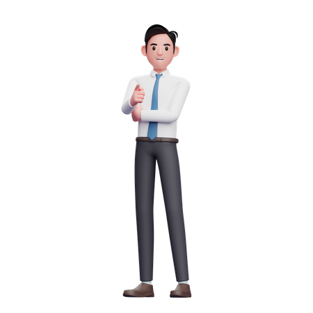 Businessman wearing long shirt and blue tie pointing at camera  3D Icon