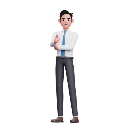 Businessman wearing long shirt and blue tie pointing at camera 3D Illustration