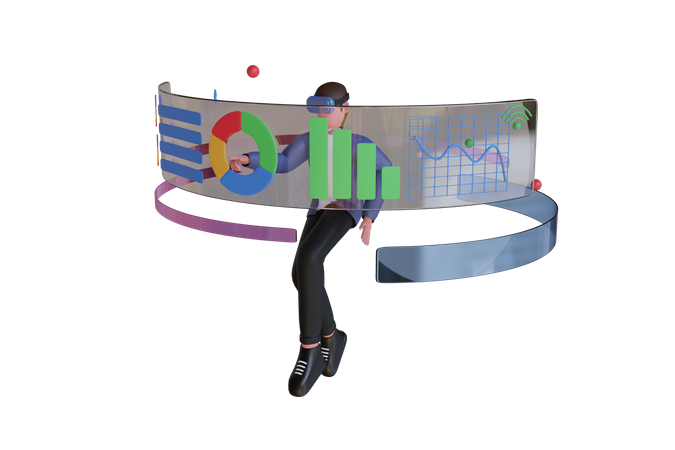 Businessman wearing virtual reality glasses and managing infographic  3D Illustration