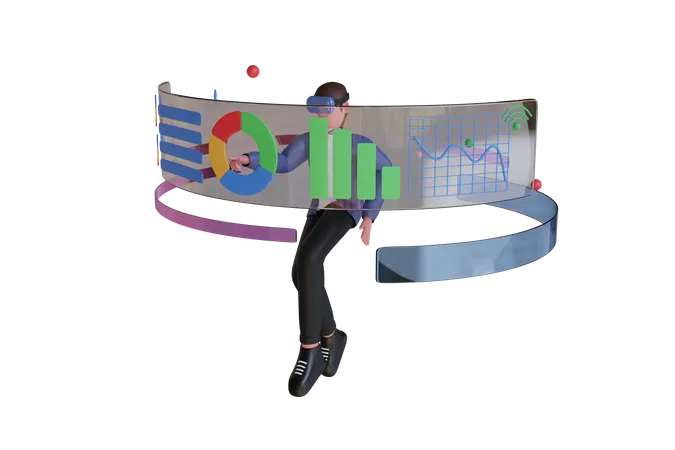 Businessman wearing virtual reality glasses and managing infographic  3D Illustration