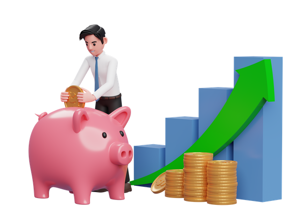 Businessman white shirt blue tie saving gold coins into piggy bank with bar chart and green arrow up 3D Illustration