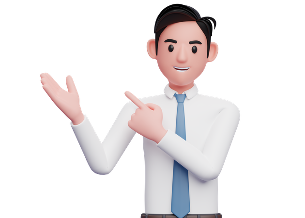 Businessman white shirt pointing and open hand to side up  3D Illustration