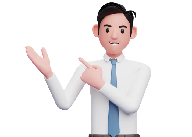 Businessman white shirt pointing and open hand to side up 3D Illustration