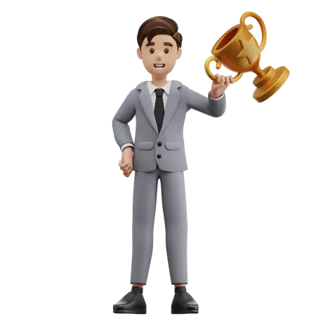 Businessman Winning Trophy  3D Illustration