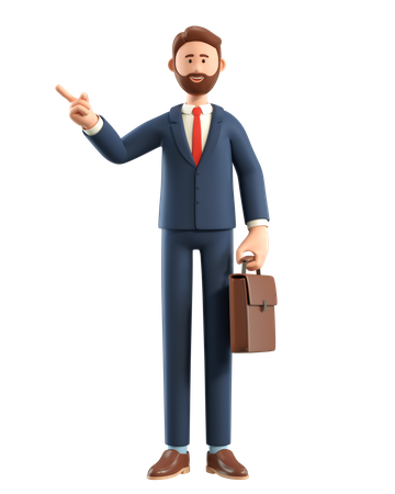 Businessman with briefcase pointing finger 3D Illustration