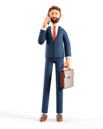 Businessman with briefcase talking on the phone  3D Illustration