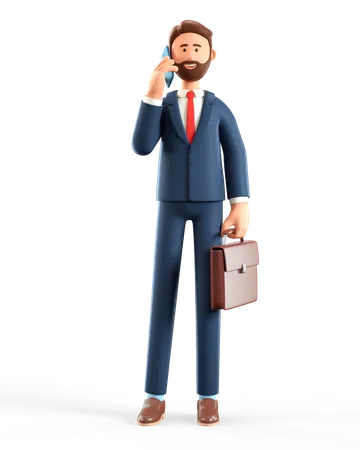 3 D Illustration Of Standing Happy Man Talking On The Phone Cute Cartoon Smiling Bearded Businessman Using Smartphone And Holding Briefcase 3D Illustration