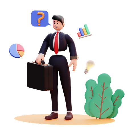 Businessman with briefcase think about solution  3D Illustration