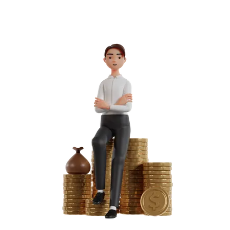 A Businessman Sitting On A Pile Of Coins And Money Bag Offering Business Capital 3D Illustration