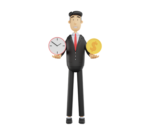 Businessman with clock and dollar 3D Illustration