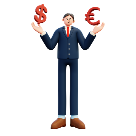 Businessman With Dollar And Euro  3D Illustration