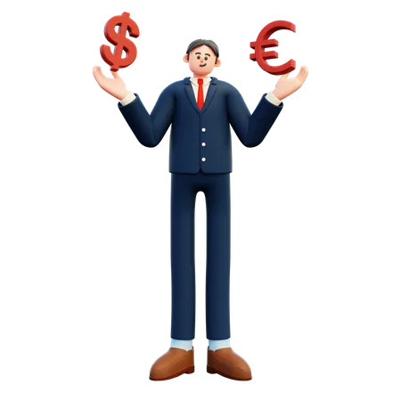 Businessman With Dollar And Euro  3D Illustration