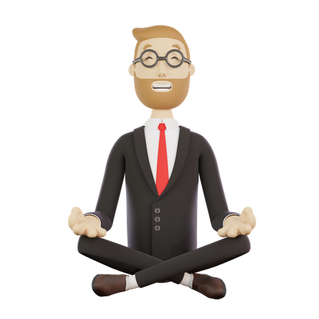 Businessman with glasses meditates in lotus position 3D Illustration